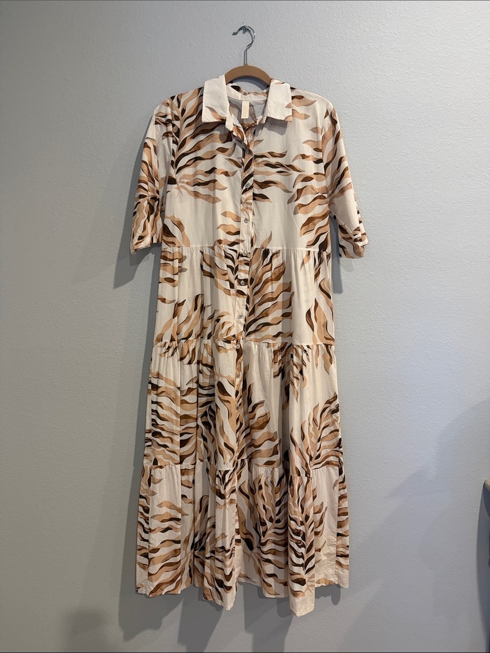 Tiered Button-Front Shirt Dress in Beige and Brown Print
